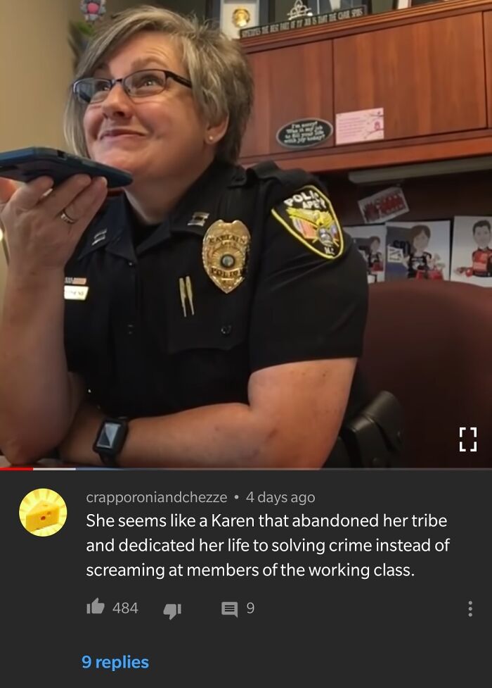 Police officer smiling while holding a phone, paired with a humorous YouTube comment about her dedication to crime solving.