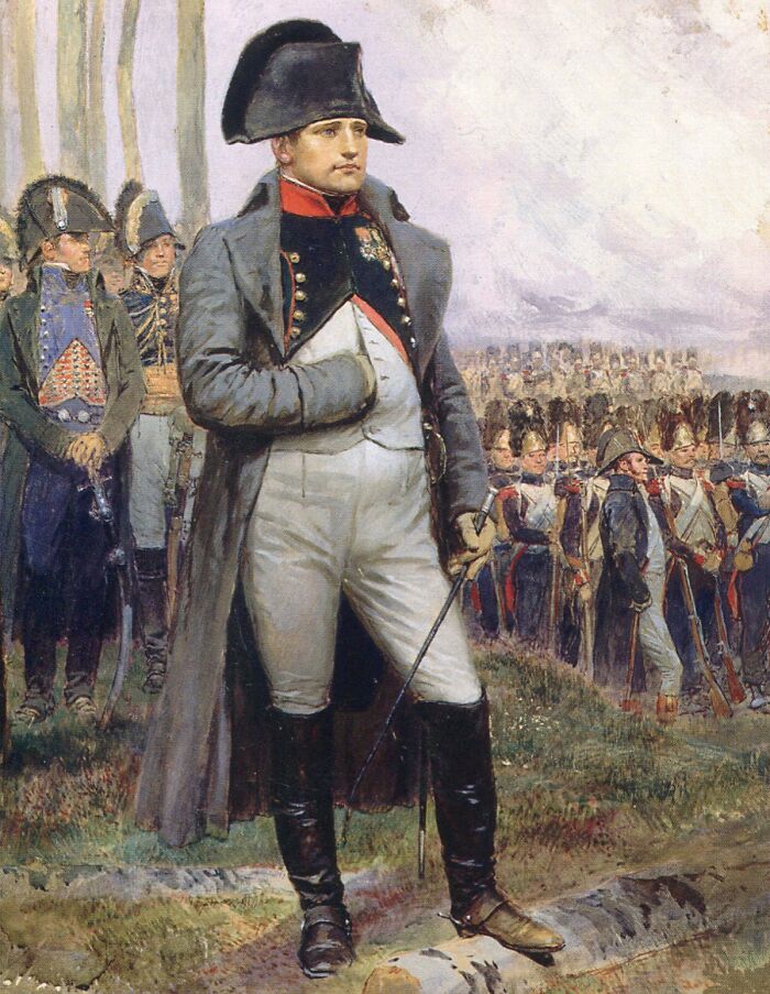 Painting of Napoleon Bonaparte in military uniform leading troops, illustrating rabbits once attacked Napoleon in history.