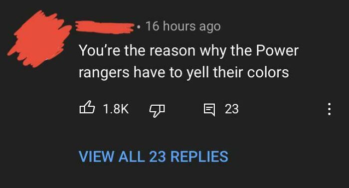 YouTube comment humor about Power Rangers yelling their colors with many likes and replies.