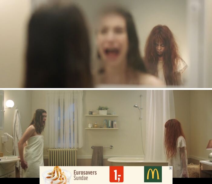 Two eerie girls with disheveled hair in a dim bathroom, creating a creepy commercials nightmare atmosphere.