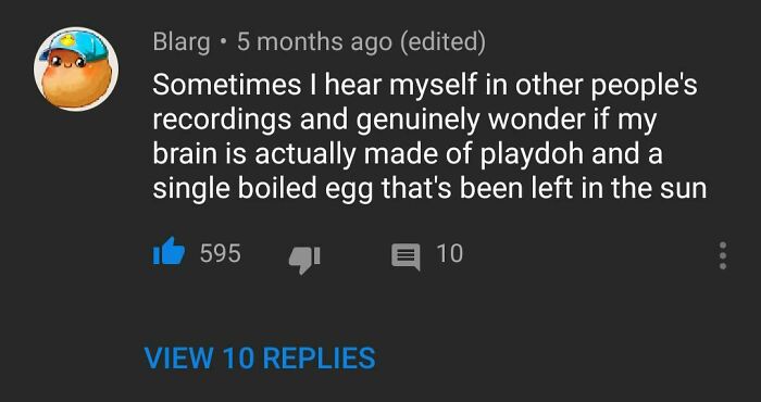 YouTube comment humor about hearing oneself in recordings, humorously comparing brain to playdoh and boiled egg.