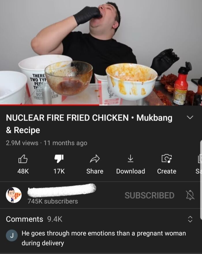 Man eating spicy fried chicken in mukbang video with hilarious YouTube comments visible below the screen.