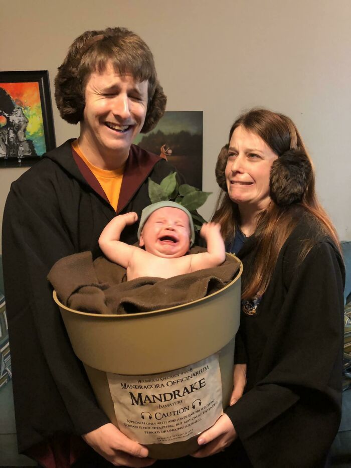 Family dressed in creative kids Halloween costume ideas with baby as a crying mandrake plant in a pot wearing ear muffs.