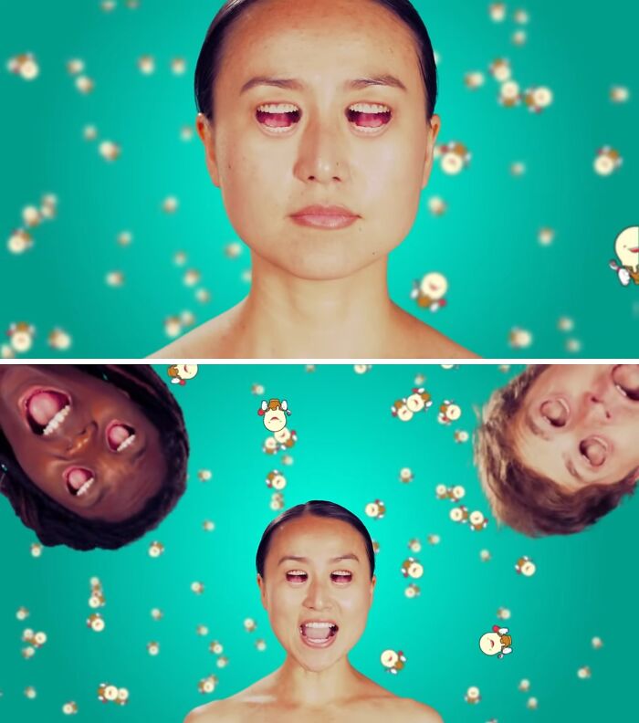 Three people with creepy eyelid openings on a bright teal background, illustrating creepy commercials imagery.