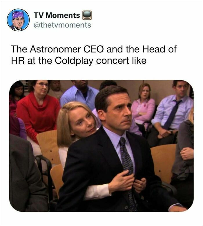 Scene from The Office used in a funny and relatable TV memes post showing a serious man with a woman hugging him from behind.