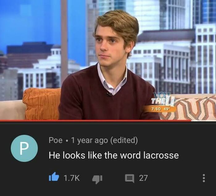 Young man on TV show with overlay of a hilarious YouTube comment referencing the word lacrosse in humor context