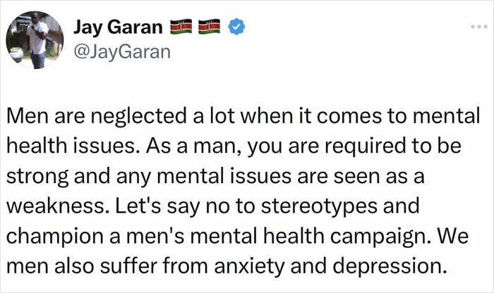 Tweet discussing men's mental health, challenging stereotypes, and promoting awareness of anxiety and depression in men.