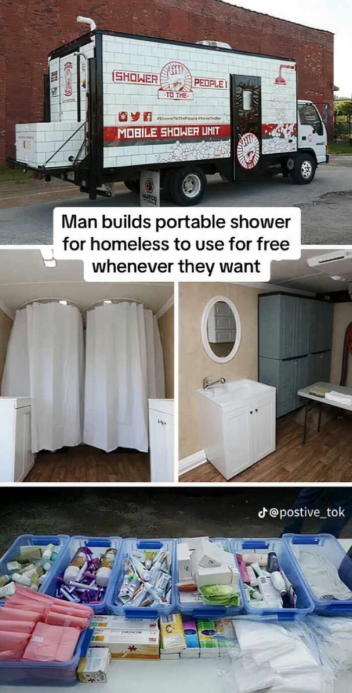 Mobile shower unit and donated toiletries built by man to help homeless show the good in this world.