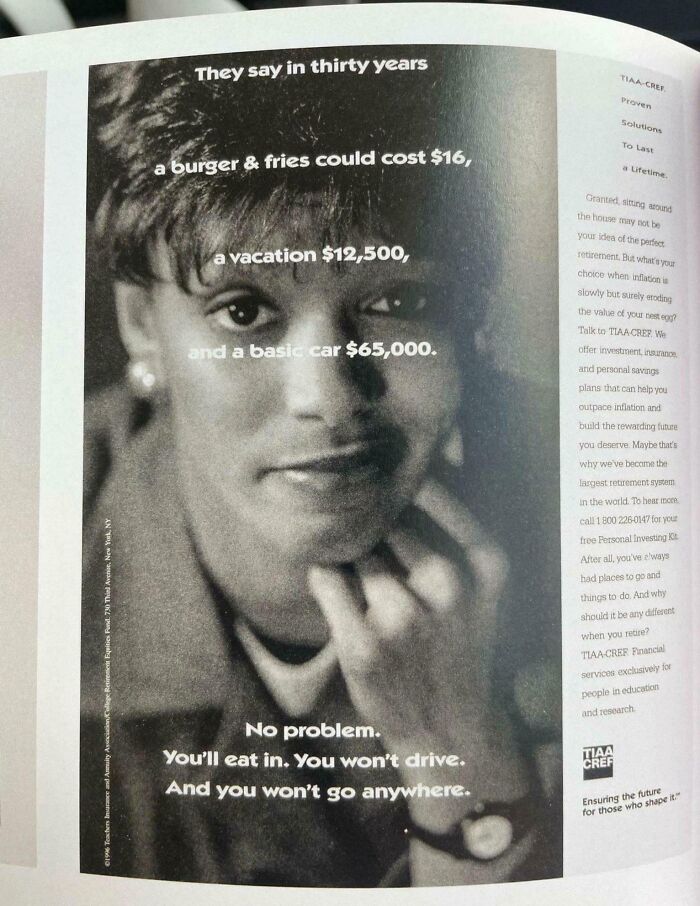 Black and white portrait with text about future costs of a burger, vacation, and car, highlighting fascinating photos and facts.