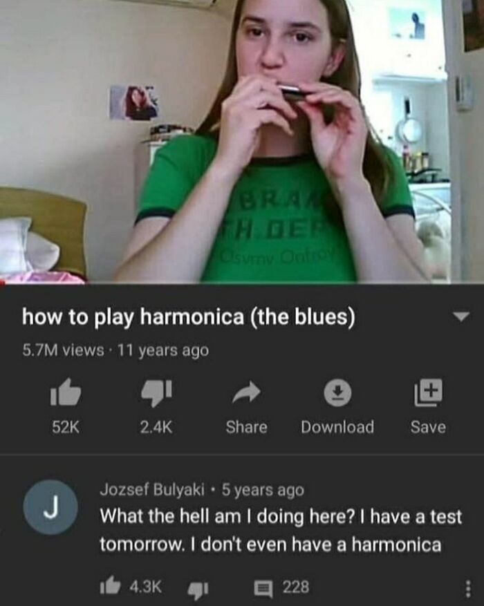 Woman playing harmonica on YouTube video with a hilarious comment explaining she has no harmonica and a test tomorrow.