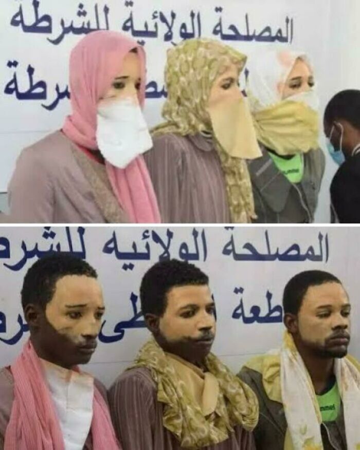 Three individuals disguised with masks and scarves next to their unmasked appearances in fascinating photos showing world perspectives.