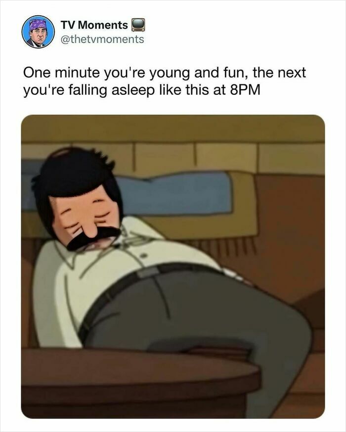 Cartoon character asleep on couch early evening, illustrating funny and relatable TV memes about getting older and tired.