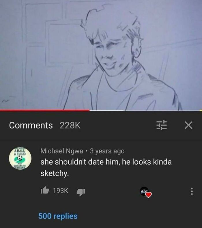 YouTube comment joking about a sketchy looking man under a hand-drawn video with 228K comments.