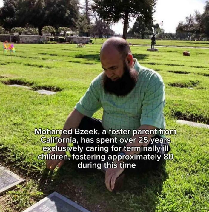 Man with beard sitting by a gravesite, highlighting men are good through caring for terminally ill foster children.