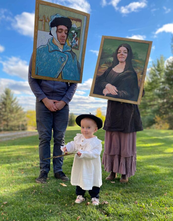 Family wearing creative kids Halloween costume ideas dressed as famous paintings with a child in a vintage outfit holding a wand outdoors.