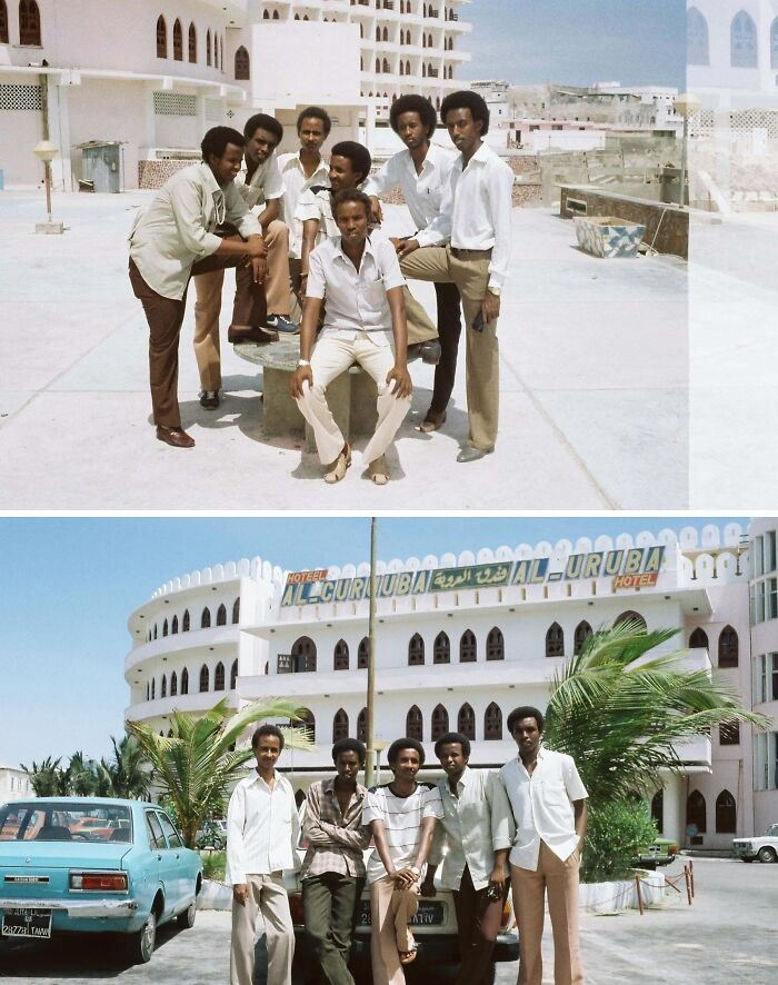 Group of men posing in vintage vacation pics outside a hotel, showcasing a time when cell phones didn’t have cameras.
