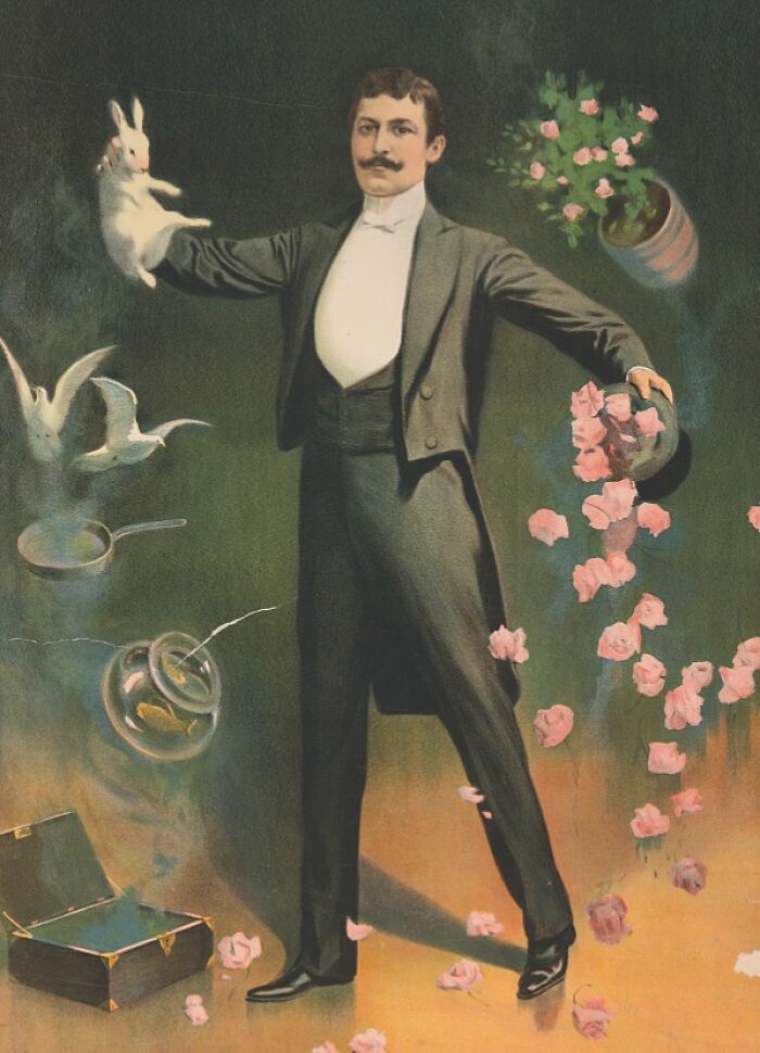 Man in a tuxedo performing magic tricks with rabbits, birds, and floating flowers in a vintage style illustration.