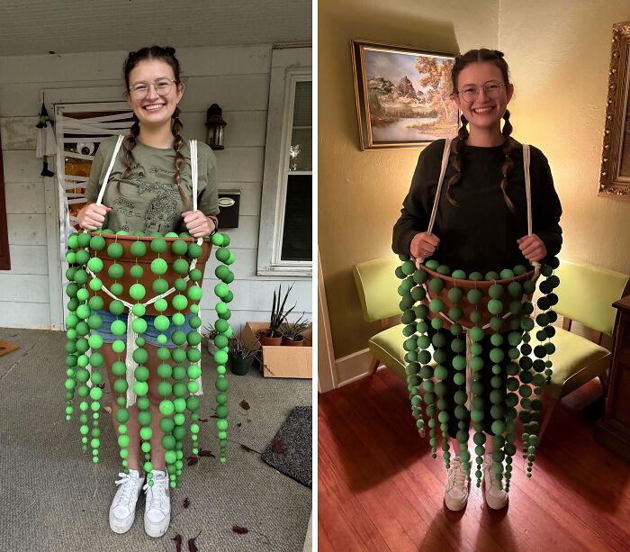 Young woman wearing a creative Halloween costume with a green bead plant pot, smiling indoors and outdoors.