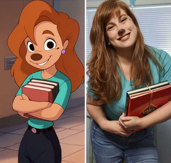 Woman dressed in a genius Halloween costume as an animated character holding books, capturing a creative party look.