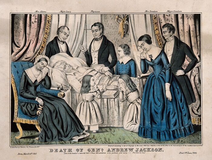 Victorian illustration of a sick man surrounded by family, depicting a historical moment with rabbits related to Napoleon.