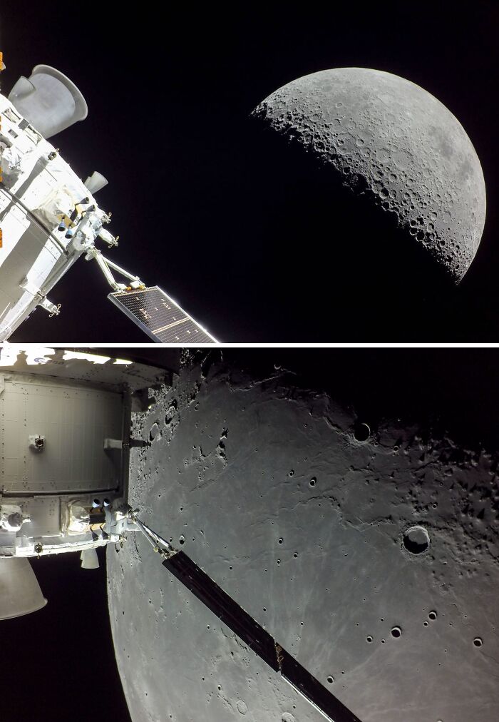 Close-up astronomy photos showing detailed craters on the moon’s surface alongside parts of a spacecraft in space.