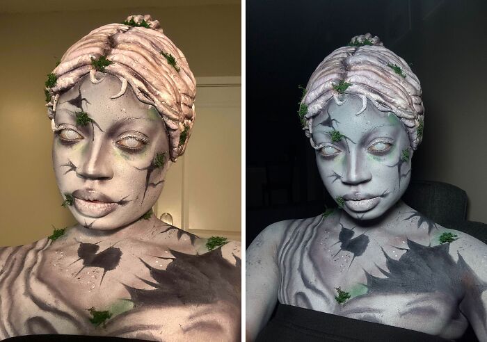 Creative Halloween costume idea featuring detailed stone statue makeup with moss accents on model’s face and shoulders.