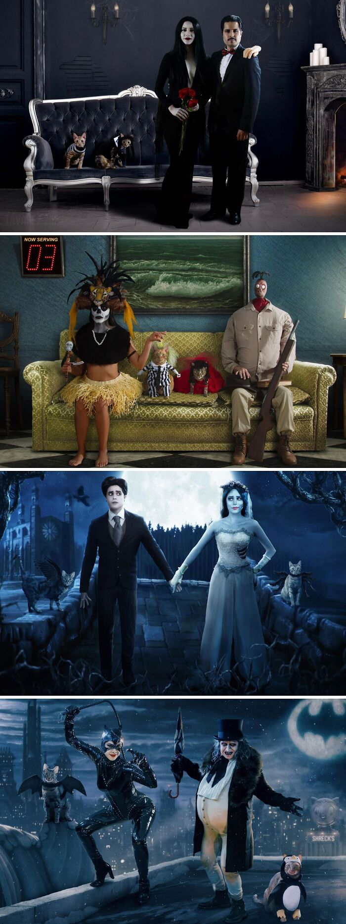 Four pairs of creative Halloween costume ideas featuring gothic, tribal, spooky, and comic-inspired outfits with matching pets.