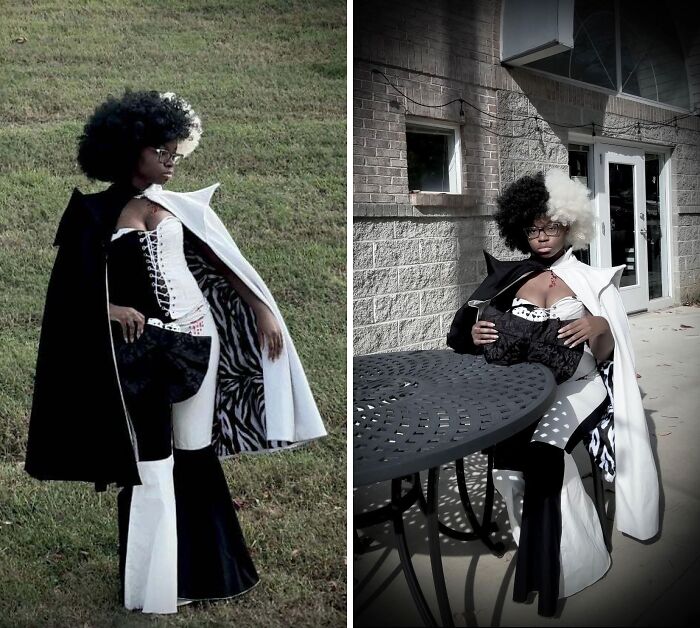 Person wearing a creative black and white Halloween costume with a half-black, half-white afro for costume ideas.