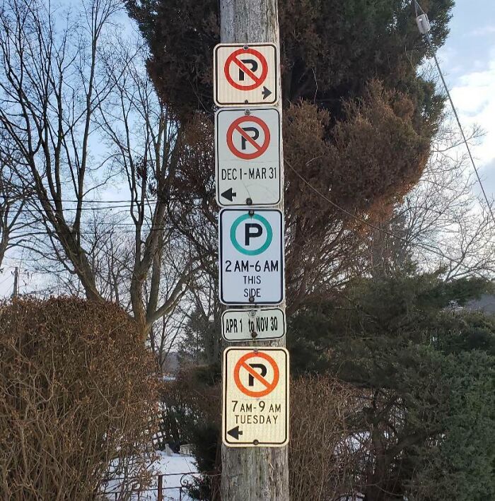 Multiple confusing road signs on one pole showing different parking restrictions and no parking times.
