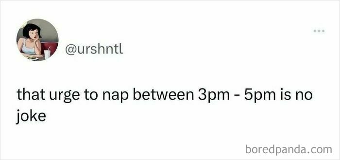 Twitter post from @urshntl stating the relatable work meme about the strong urge to nap between 3pm and 5pm.