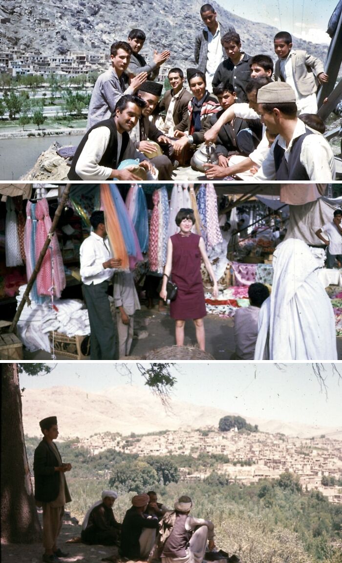 Group of people socializing, a market scene, and locals overlooking a valley in vintage vacation pics before camera phones.