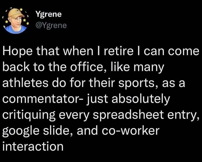 Work meme about retiring as an office commentator critiquing spreadsheets, slides, and co-worker interactions.