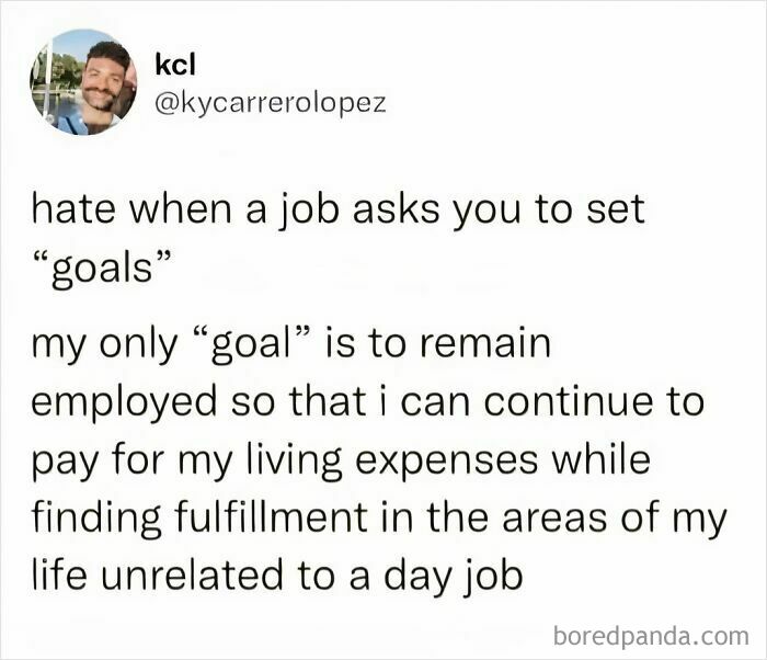 Tweet about work meme expressing frustration with setting job goals, highlighting relatable work struggles and employment humor.