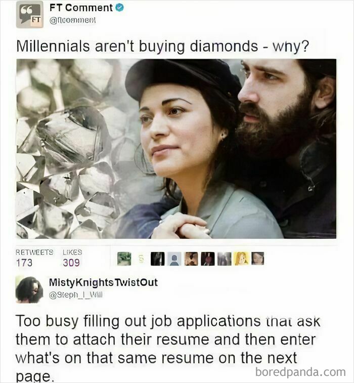 Work meme showing millennials not buying diamonds, humorously highlighting the frustration of repetitive job applications.
