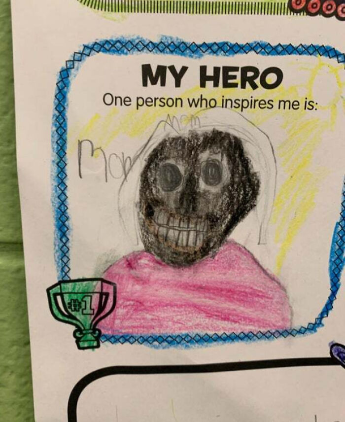 Child's drawing of a person with dark face and big smile on a colorful page, weird and cursed picture concept.