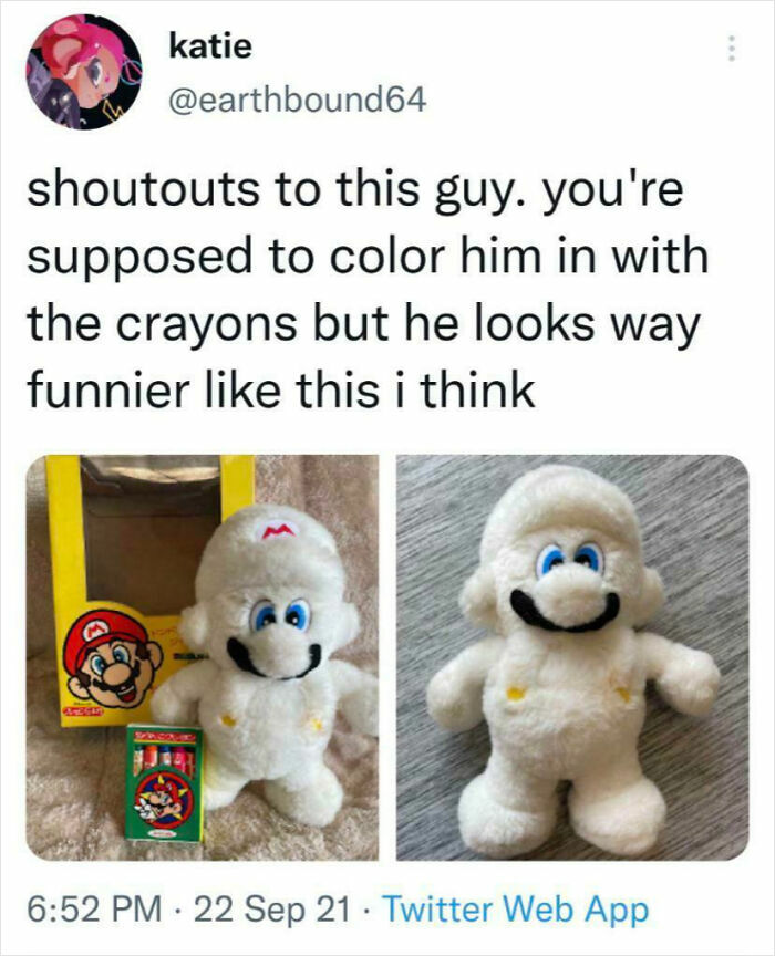 Screenshot of a Twitter post showing a weird and funny Mario plush toy left uncolored with crayons, highlighting weird pics.