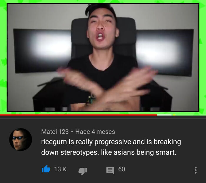 YouTuber RiceGum making a gesture with 13K likes on a hilarious YouTube comment breaking stereotypes.