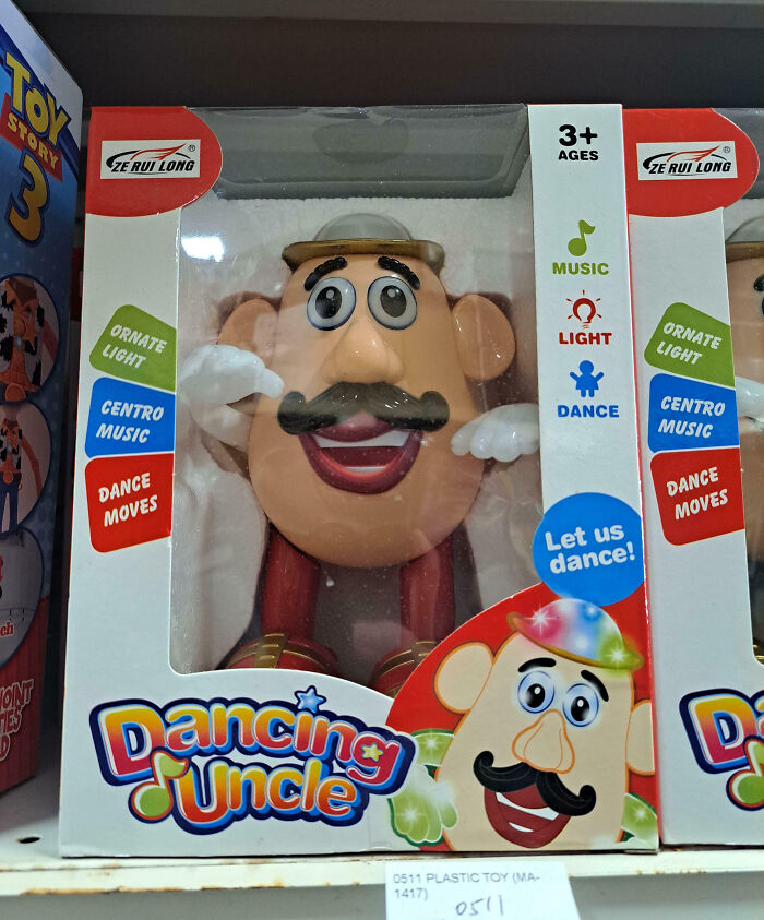 Toy dancing uncle figure in a box with music, light, and dance moves features, capturing a weird and blessed moment.