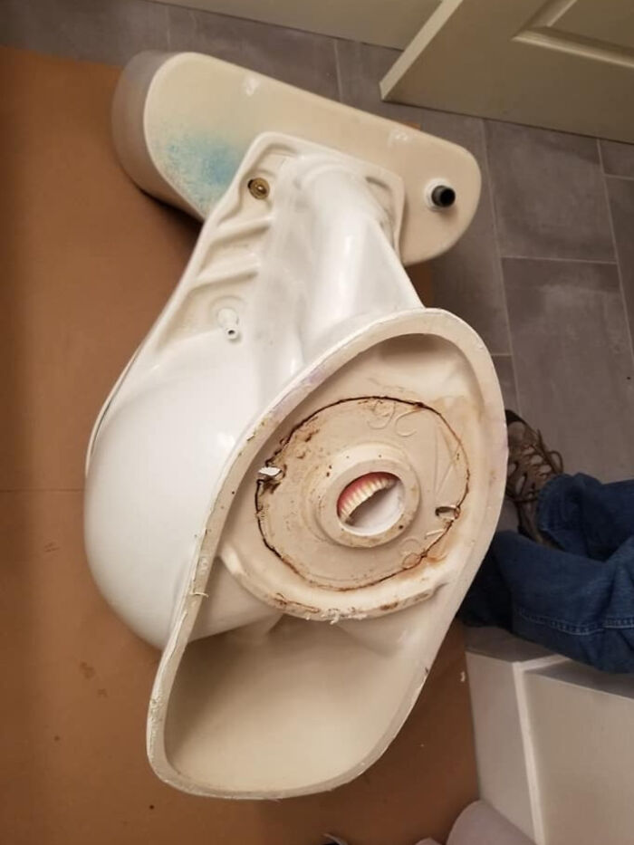 Toilet bowl removed from floor, showing weird and cursed rusted base and clogged drain in a bathroom setting.