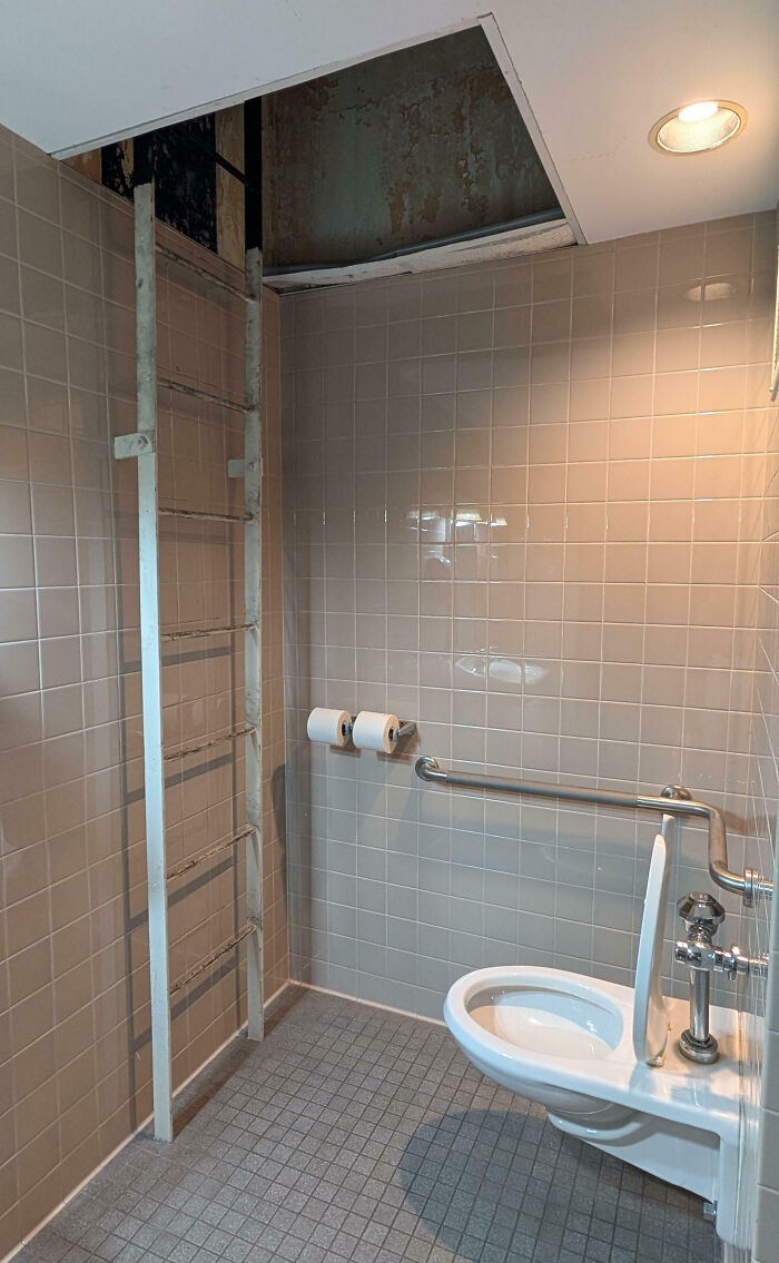 Bathroom with a ladder leading to an open ceiling hatch, a toilet with two toilet paper rolls on the wall, weird and cursed pic.