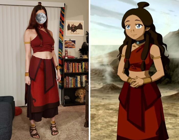 Person dressed in creative Halloween costume inspired by animated character with red and brown outfit and accessories.