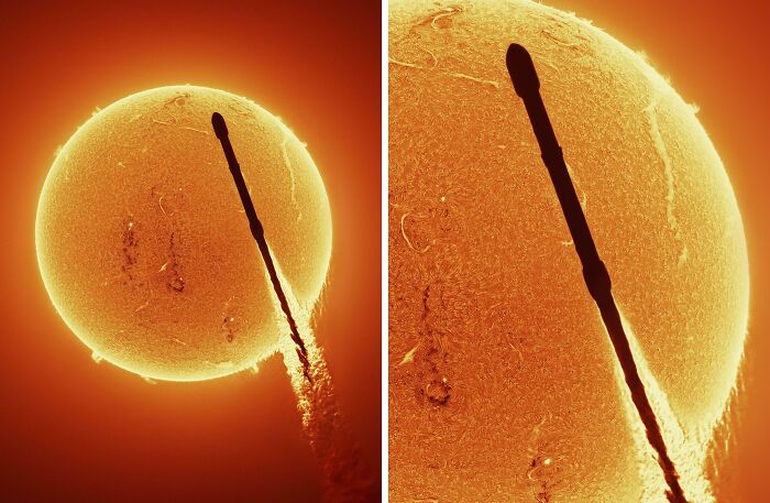 Close-up astronomy photo of the sun showing solar prominences and detailed surface textures in vibrant orange hues.