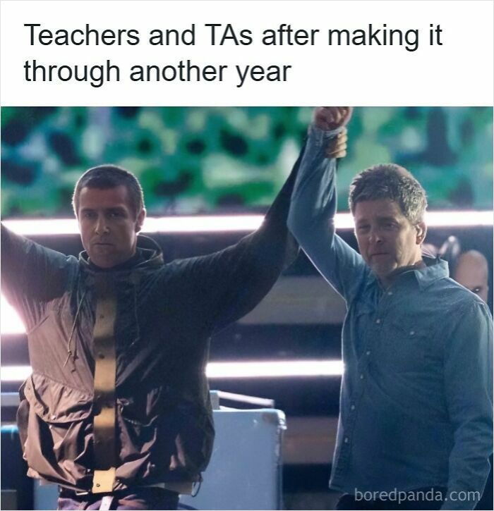 Two men raising their arms in victory representing teachers and TAs after completing another school year in funny memes for teachers.
