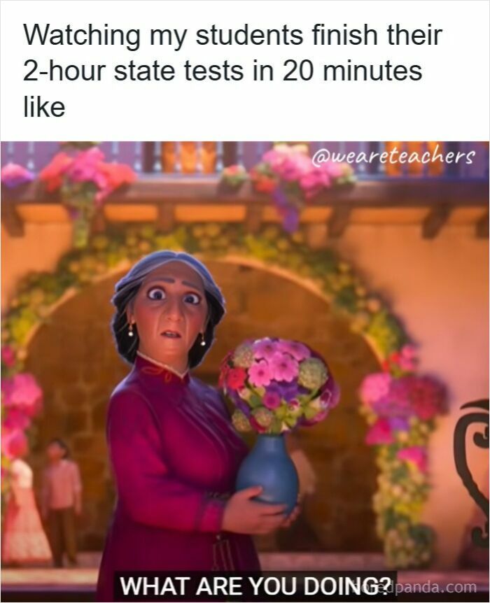 Surprised teacher holding flowers, reacting to students finishing a 2-hour test in 20 minutes in funny teacher memes.