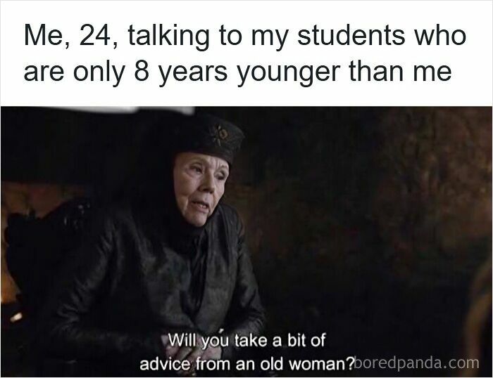 Teacher meme showing an older woman asking her young students if they will take advice, highlighting teacher humor and challenges.