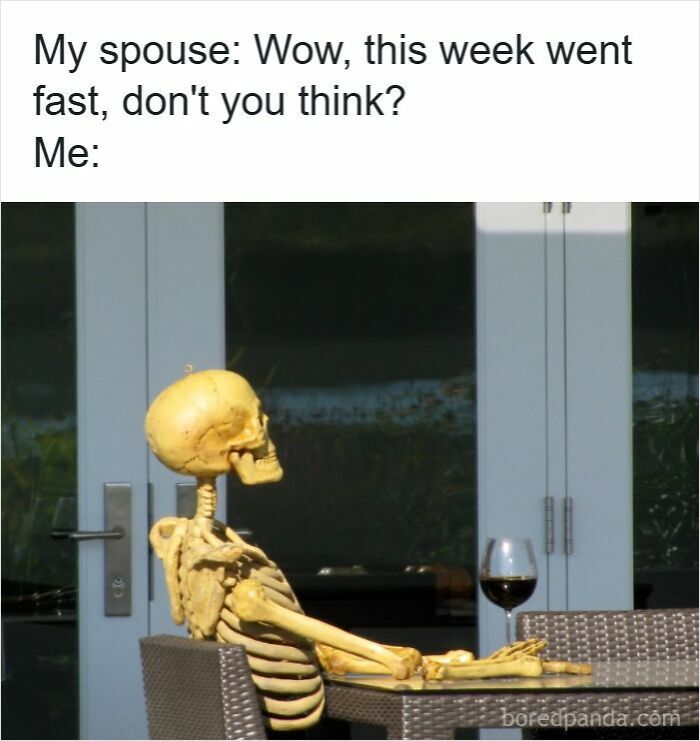 Skeleton sitting at table with a glass of wine, illustrating teacher fatigue in funny memes for teachers who deserve a raise and a nap.