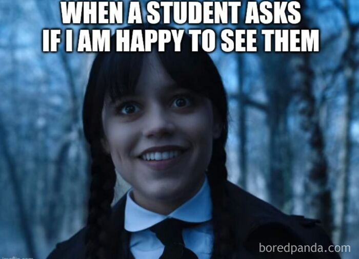 Smiling girl with pigtails in dark clothing represents funny memes for teachers who deserve a raise and a nap.