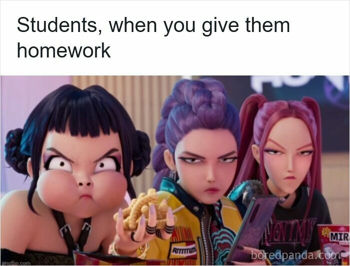 Angry animated students reacting to homework, captured in a funny meme for teachers who deserve a raise and a nap.