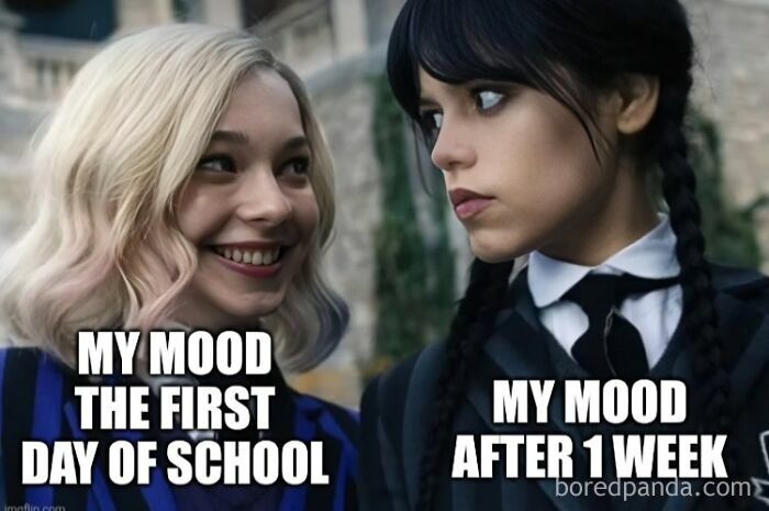 Two young women showing contrasting moods on the first day of school versus after one week, funny memes for teachers.