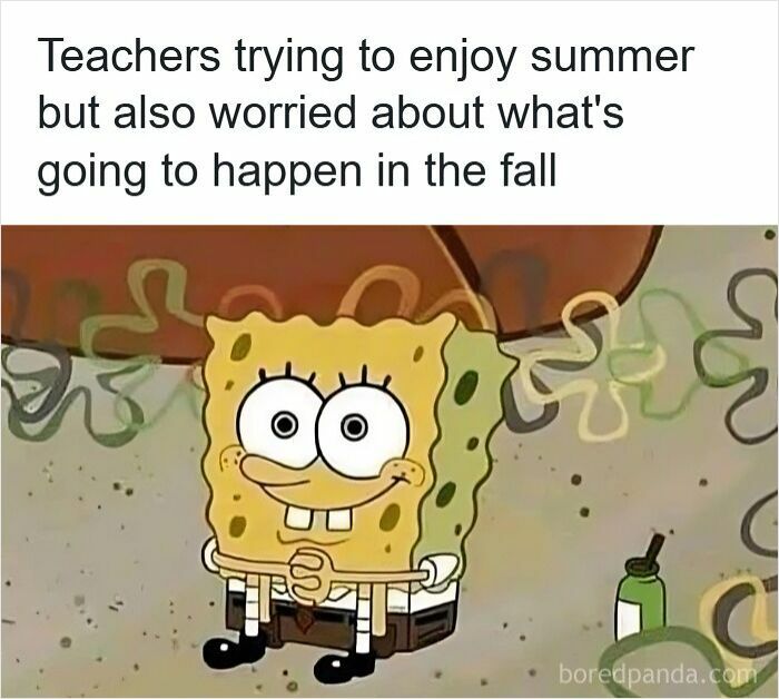 Funny meme showing teachers trying to enjoy summer but worried about the upcoming fall school season.